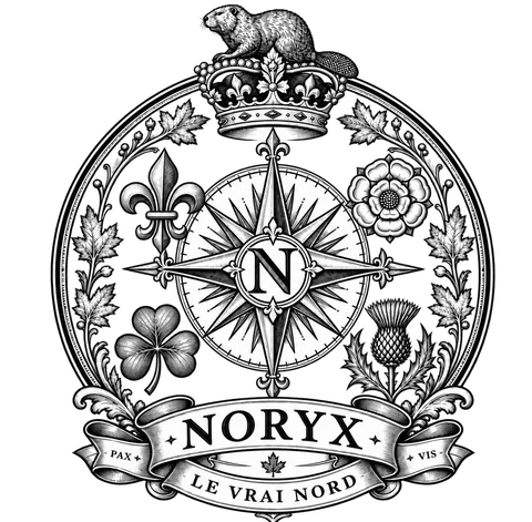 L'écusson de Noryx Systems : une rose des vents portant la lettre N sous une couronne, entourée de feuilles d'érable, avec la devise Le Vrai Nord.
